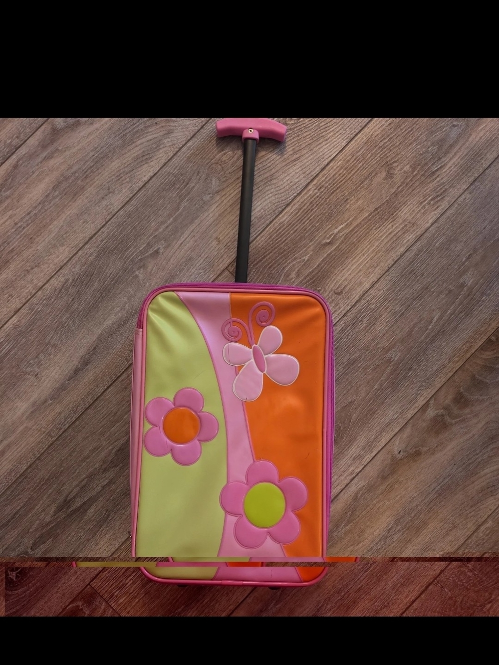 Vintage Y2K Kids Rolling Suitcase Pink Butterfly Flower PVC Carry Travel Bag